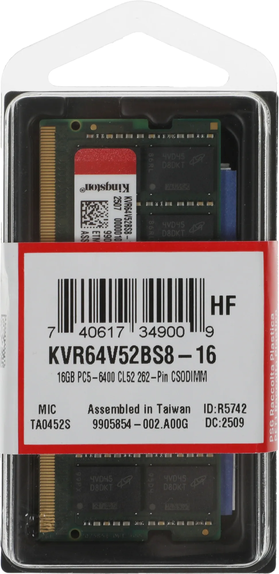 Память DDR5 16GB 6400MHz Kingston KVR64V52BS8-16 Valueram RTL PC5-51200 CL52 SO-DIMM 262-pin 1.1В single rank Ret