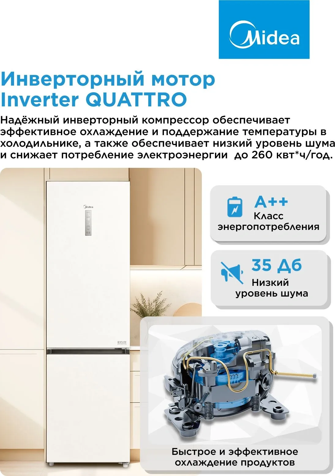 Холодильник Midea MDRB522MGE01OD 2-хкамерн. белый инвертер
