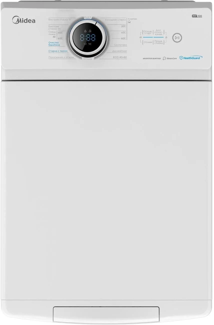 Стиральная машина Midea MF100T80BS/W-RU класс: A загр.вертикальная макс.:8кг белый инвертор