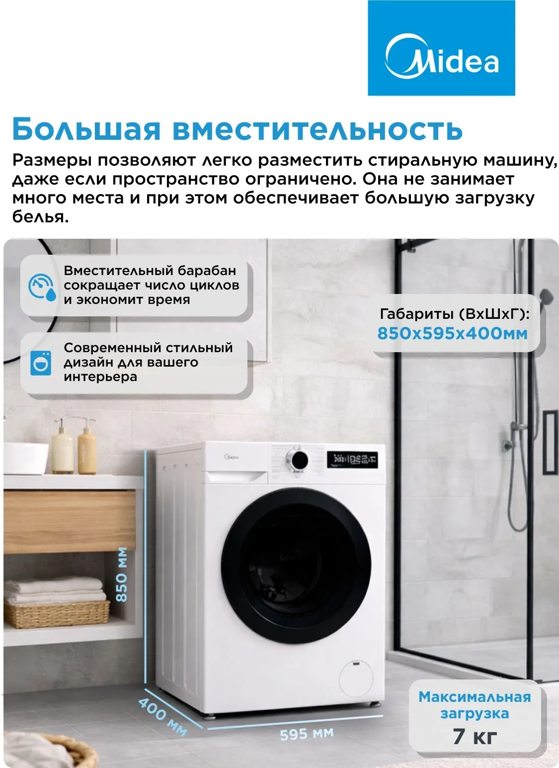 Стиральная машина Midea MF01712BS40/W класс: A загр.фронтальная макс.:7кг белый инвертор
