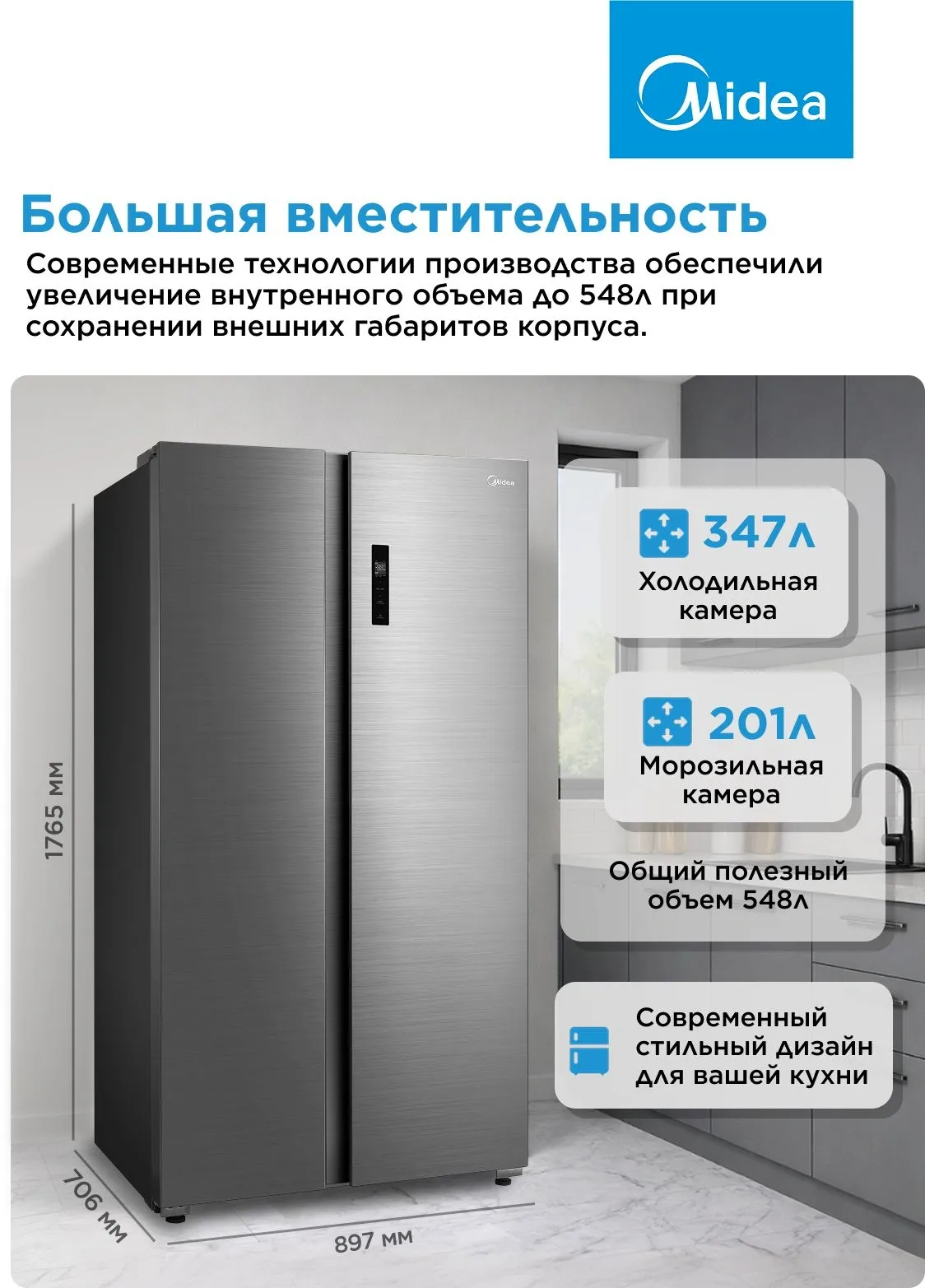 Холодильник Midea MDRS710FGE46 2-хкамерн. нержавеющая сталь инвертер
