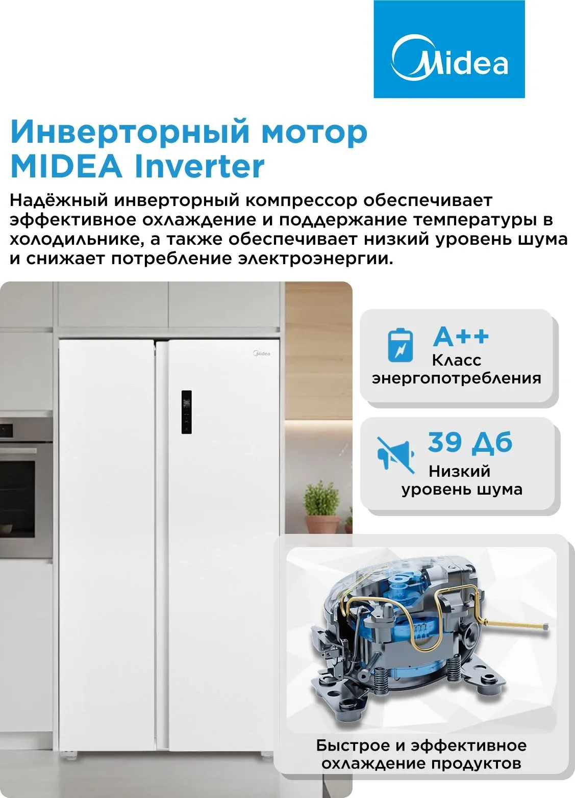 Холодильник Midea MDRS710FGE01 2-хкамерн. белый инвертер