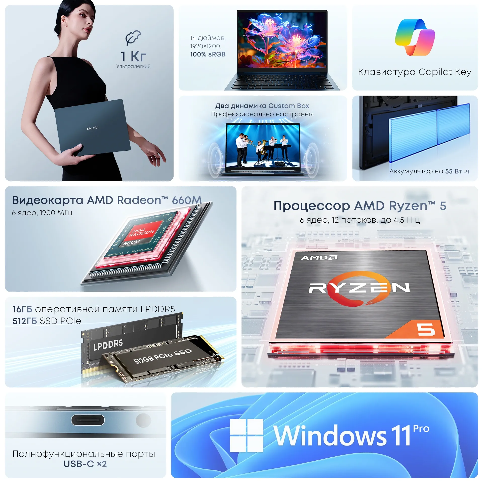 Ноутбук Chuwi Corebook Air Ryzen 5 6600H 16Gb SSD512Gb AMD Radeon 660M 14