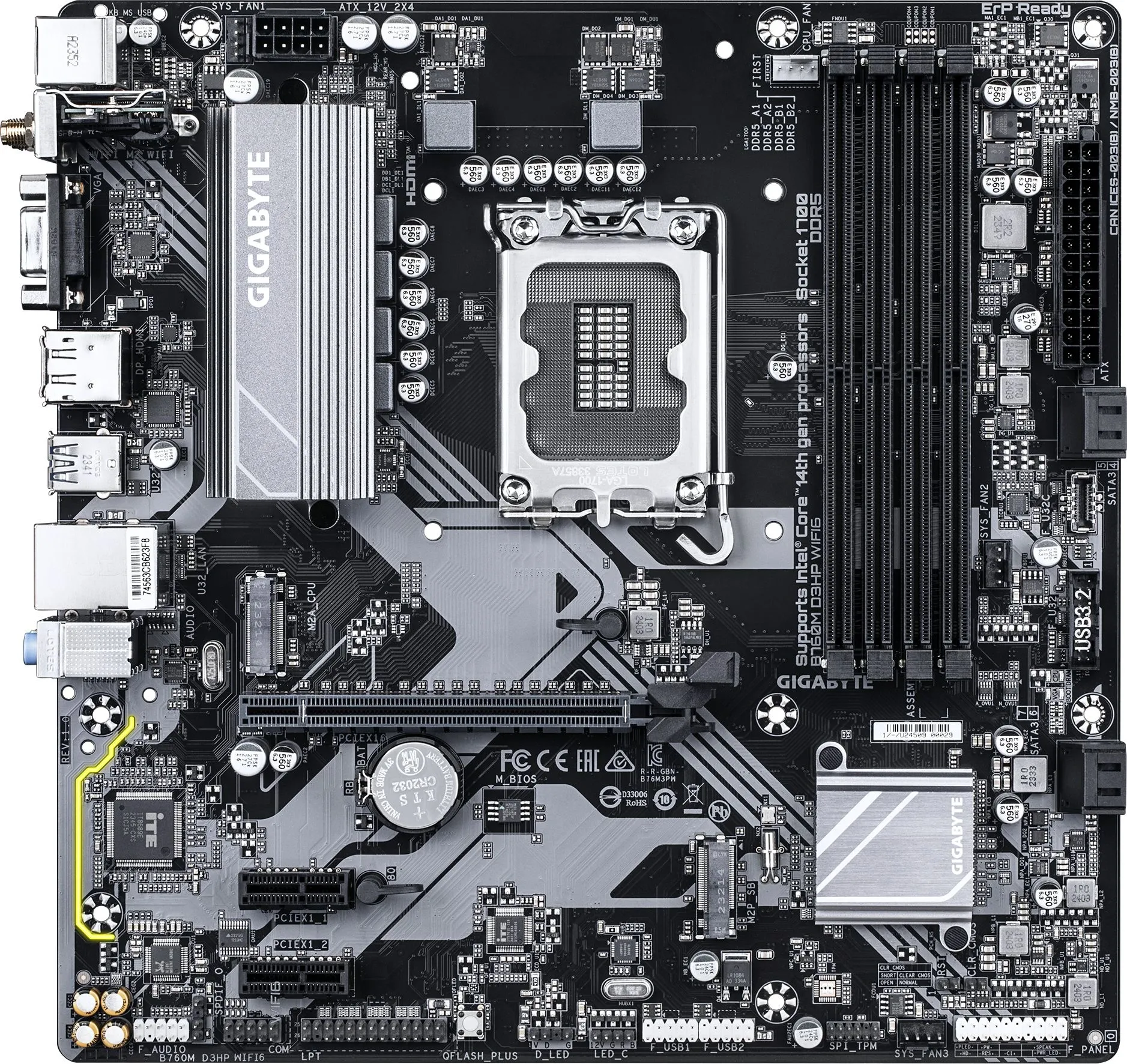 Материнская плата Gigabyte B760M D3HP WIFI6 Soc-1700 Intel B760 4xDDR5 mATX AC`97 8ch(7.1) GbLAN RAID+VGA+HDMI+DP