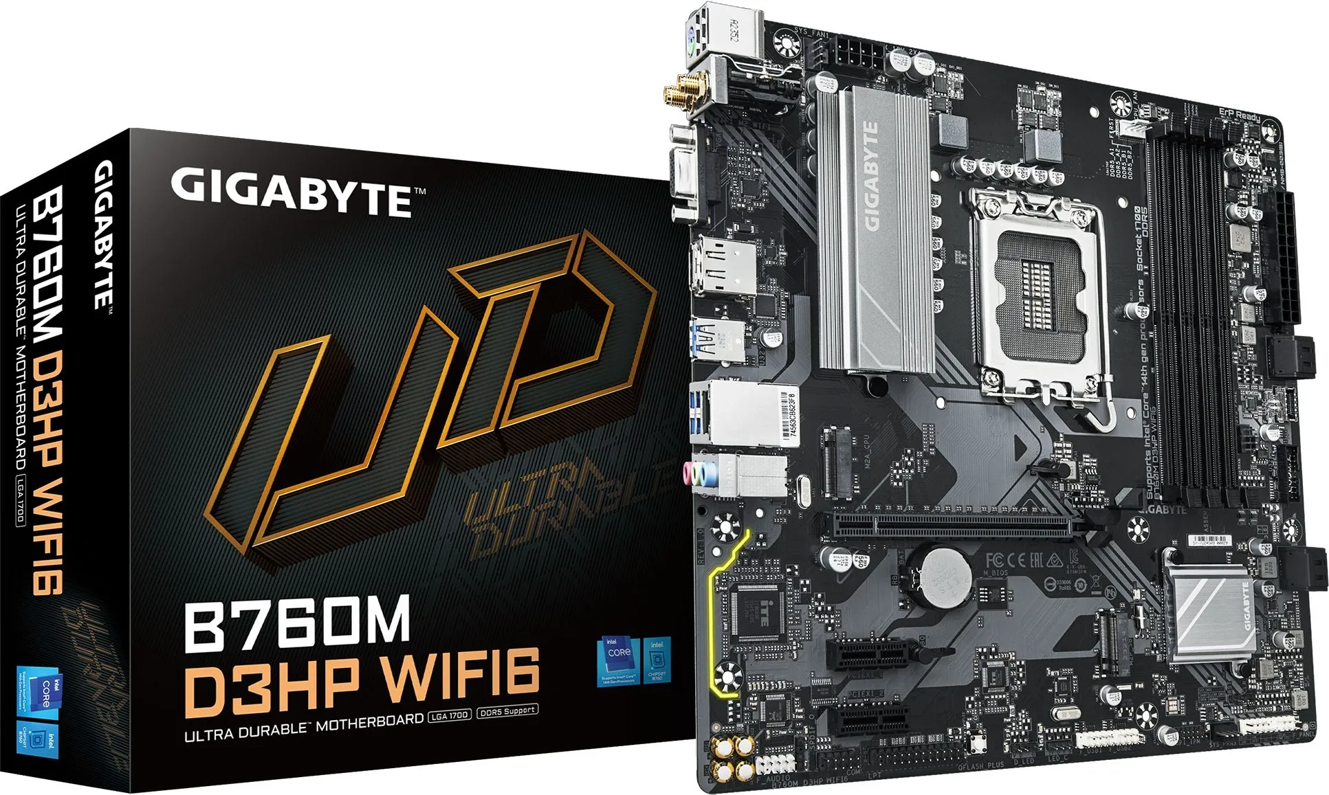 Материнская плата Gigabyte B760M D3HP WIFI6 Soc-1700 Intel B760 4xDDR5 mATX AC`97 8ch(7.1) GbLAN RAID+VGA+HDMI+DP