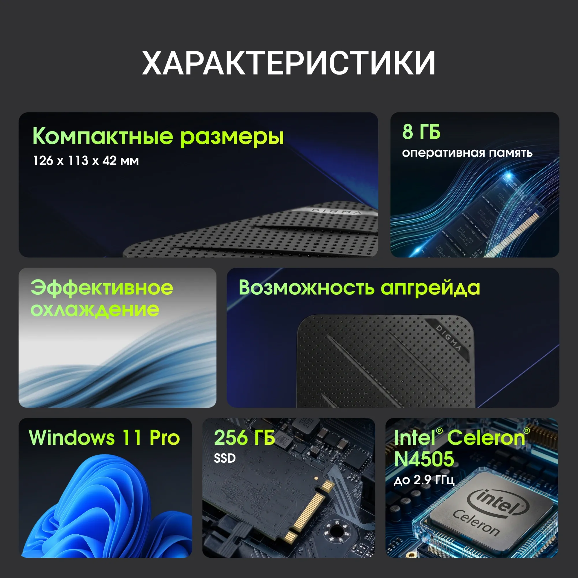 Неттоп Digma Mini Office Cel N4505 (2) 8Gb SSD256Gb UHDG 750 Windows 11 Pro GbitEth WiFi BT 45W черный (DPCN-8CXW02)