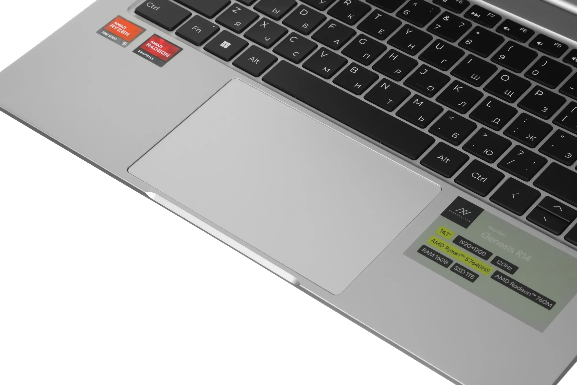 Ноутбук Machcreator Genesis R14 Ryzen 5 7640HS 16Gb SSD1Tb AMD Radeon 760M 14.1" IPS FHD (1920x1200) без ОС silver WiFi BT Cam 6550mAh (JJ00GW00GRU)