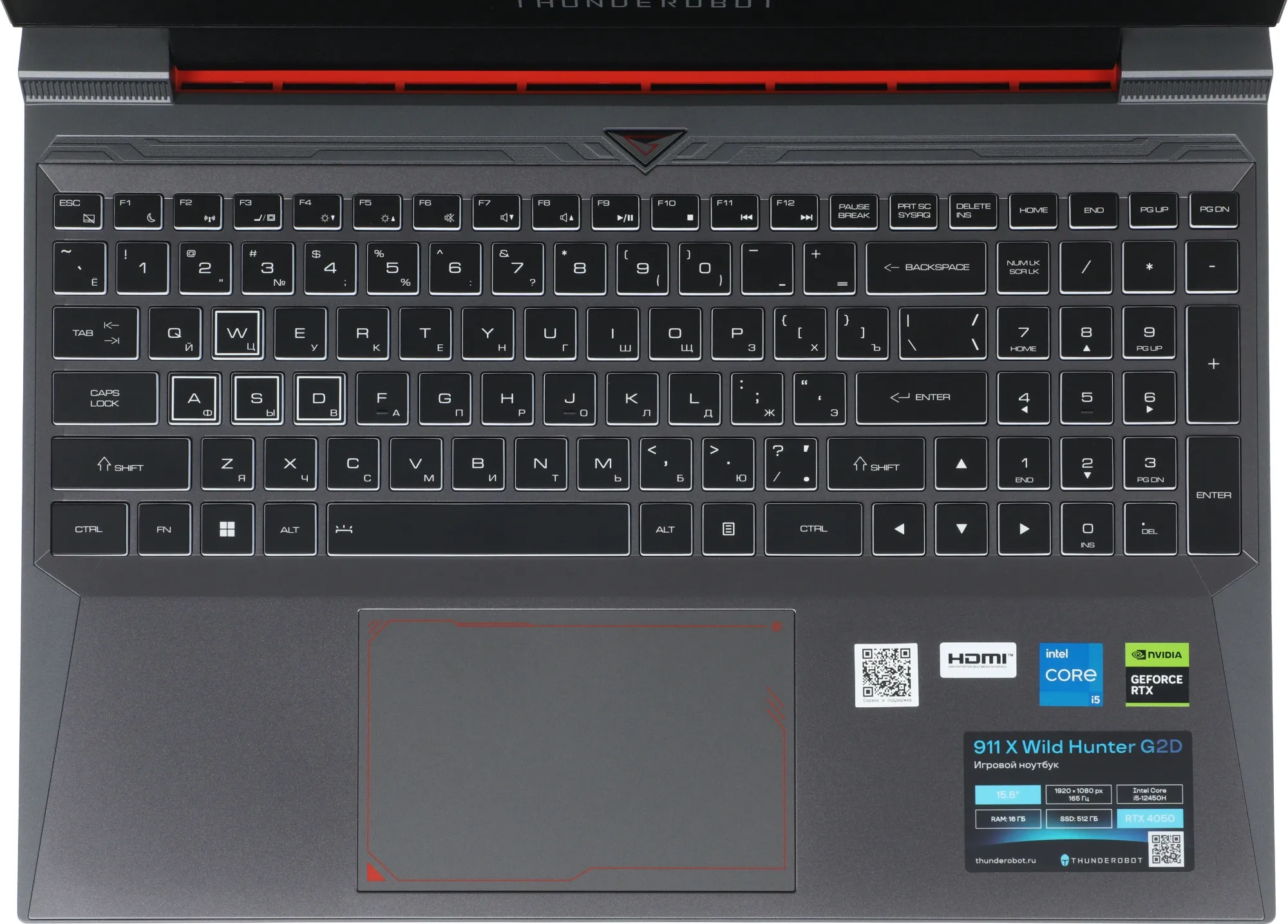 Ноутбук Thunderobot 911 X Wild Hunter G2D Core i5 12450H 16Gb SSD512Gb NVIDIA GeForce RTX4050 6Gb 15.6" IPS FHD (1920x1080) FreeDOS grey WiFi BT Cam (JT009A00KRU)