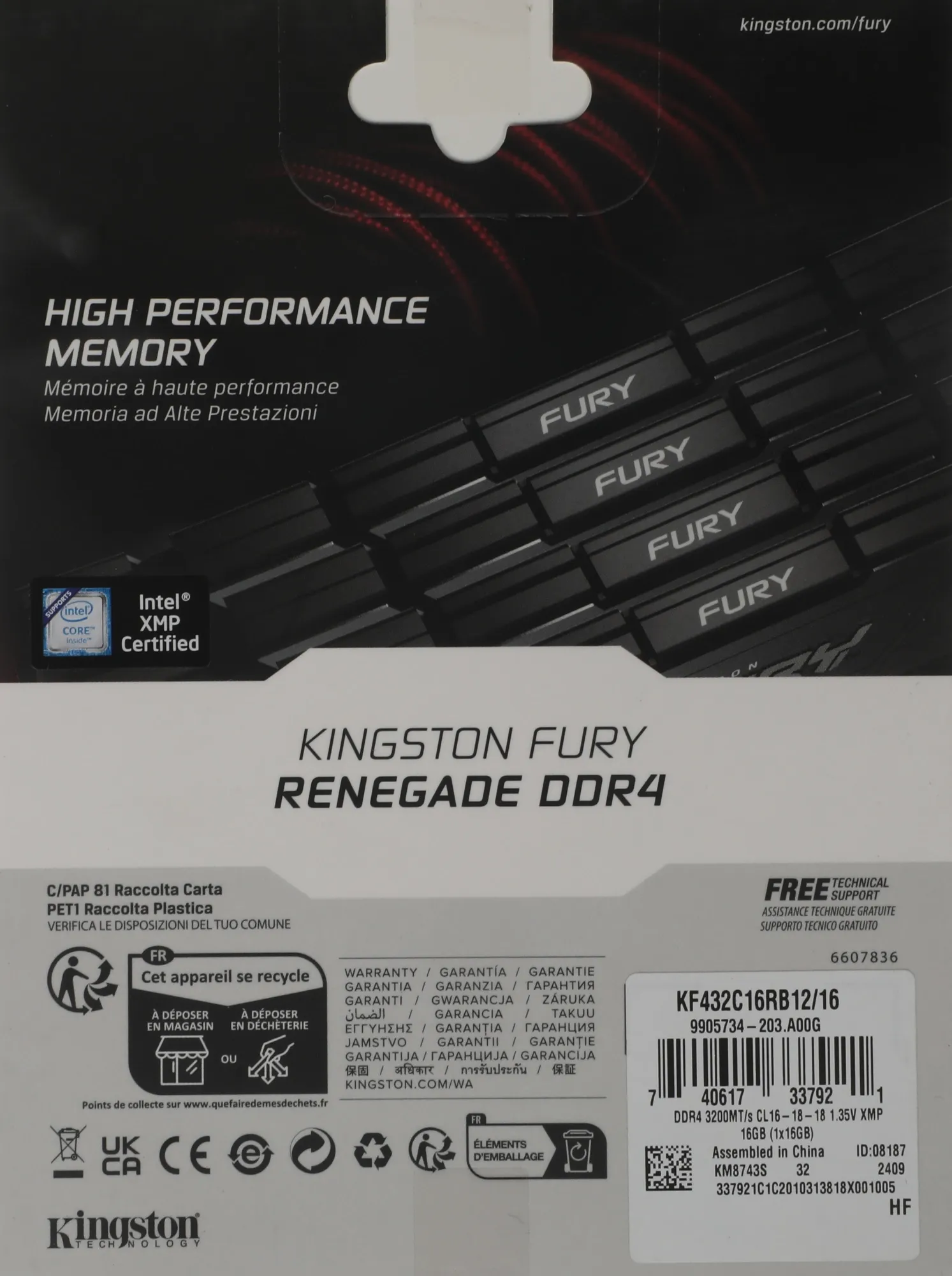 Память DDR4 16GB 3200MHz Kingston KF432C16RB12/16 Fury Renegade Black RTL Gaming PC4-25600 CL16 DIMM 288-pin 1.35В dual rank с радиатором Ret
