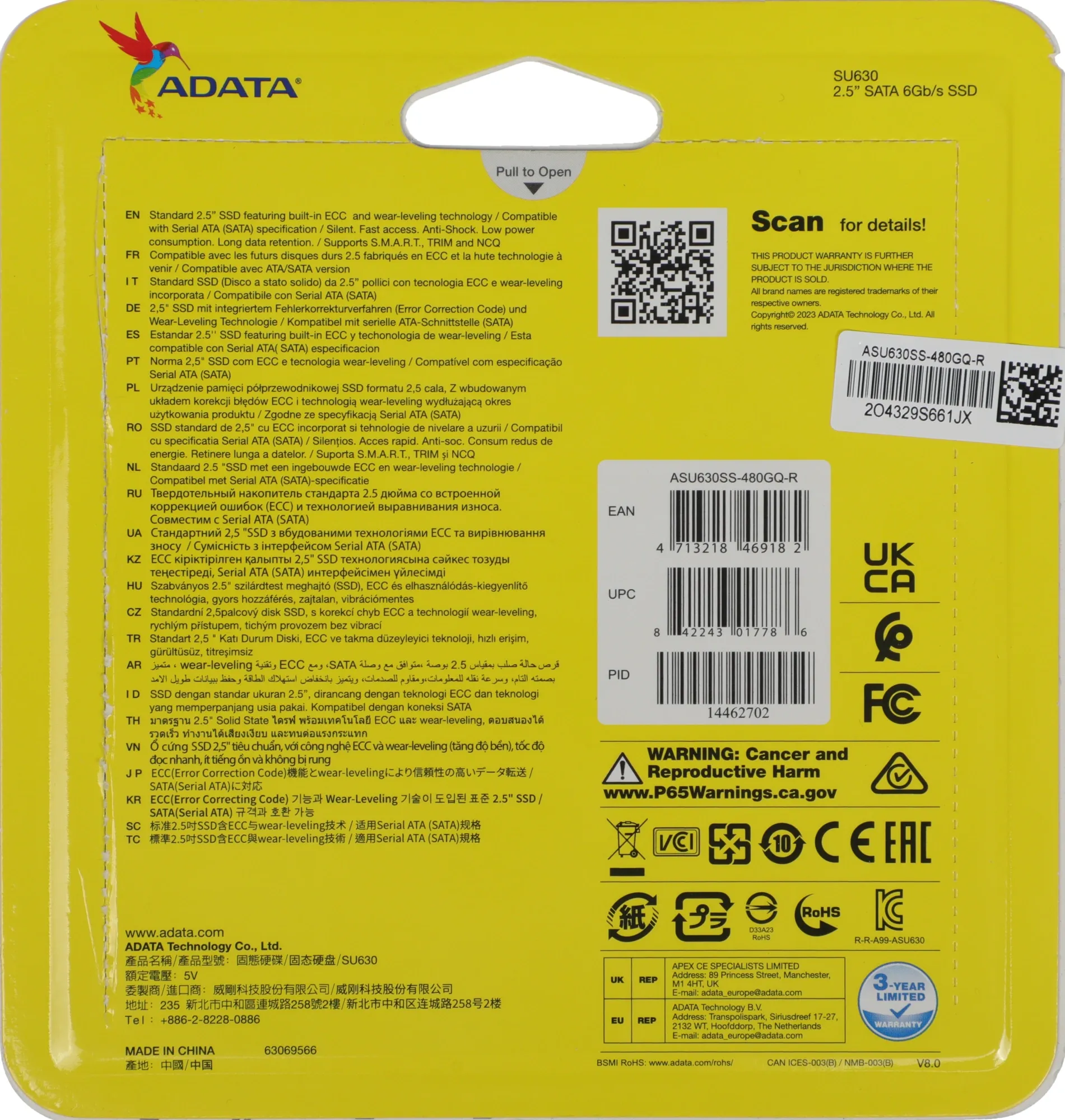 Накопитель SSD A-Data SATA-III 480GB ASU630SS-480GQ-R Ultimate SU630 2.5"