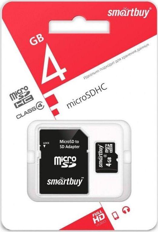 Карта памяти Smartbuy Карта памяти Smartbuy Карта памяти SMARTBUY (SB4GBSDCL4-01) MicroSDHC 4GB Class4 + адаптер