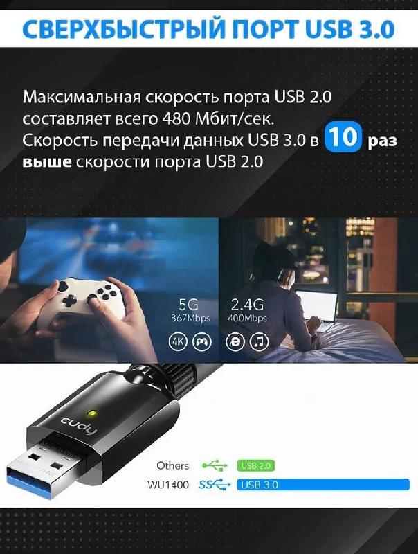 Wi-Fi адаптер Cudy Wi-Fi адаптер Cudy Wi-Fi USB адаптер CUDY WU1400 черный