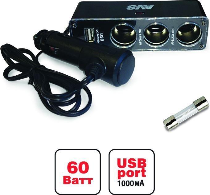Разъём AVS CS313U прикуривателя 12/24 (на 3 выхода+USB)