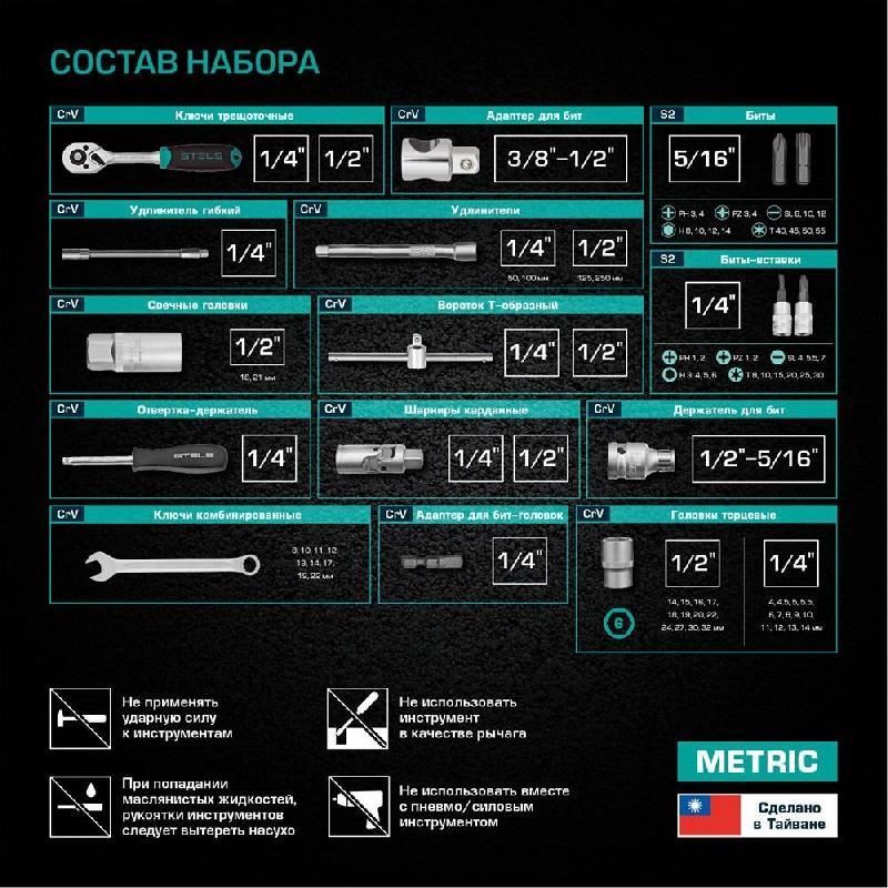 Набор инструментов STELS Набор инструментов, 1/2", 1/4", CrV, пластиковый кейс 82 предм.