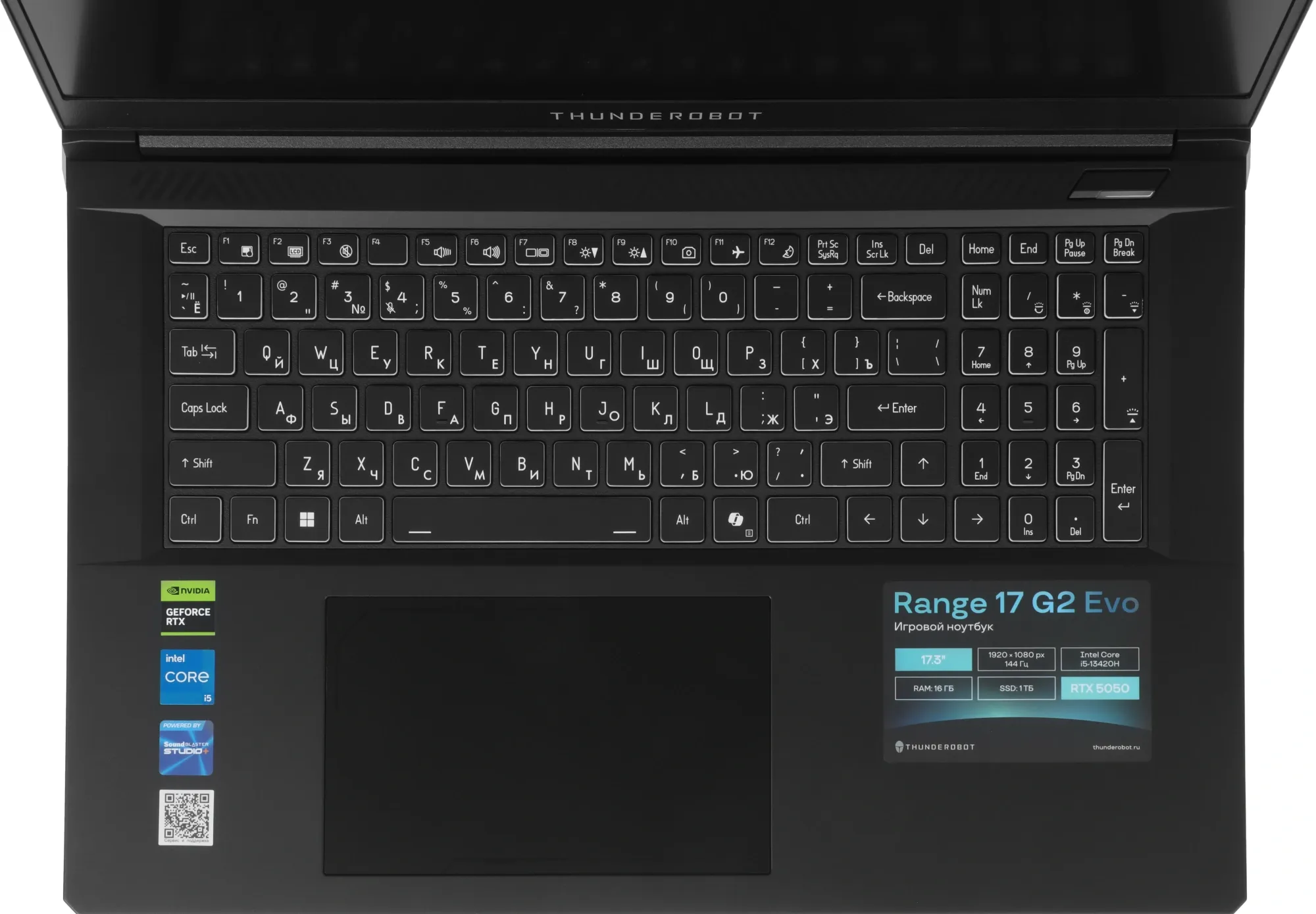 Ноутбук Thunderobot Range 17 G2 Evo Core i5 13420H 16Gb SSD1Tb NVIDIA GeForce RTX5050 8Gb 17.3" IPS FHD (1920x1200) FreeDOS black WiFi BT Cam (JT009E00KRU)