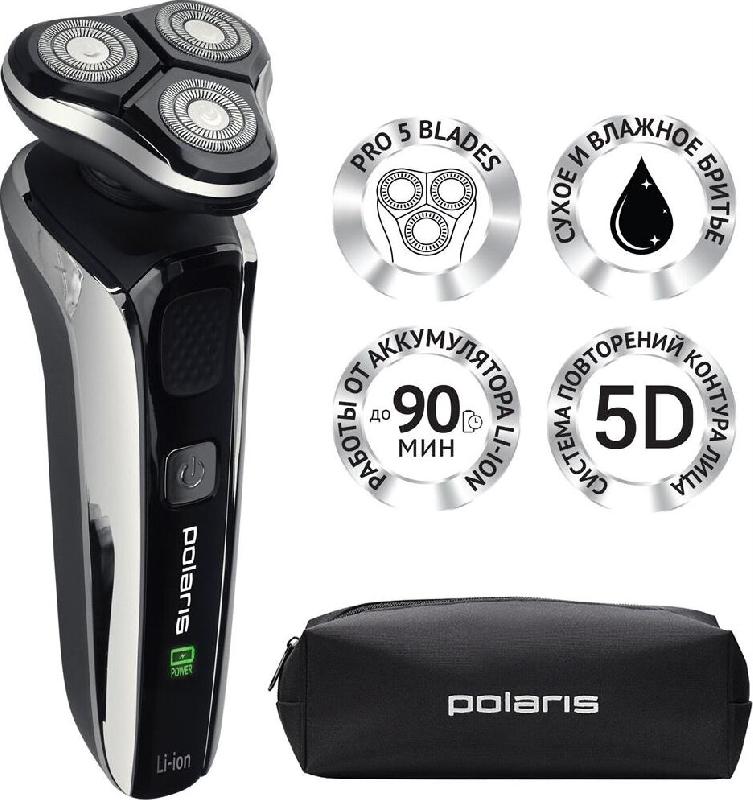Бритва POLARIS PMR 0307RС WET&DRY PRO 5 BLADES+ черный/хром