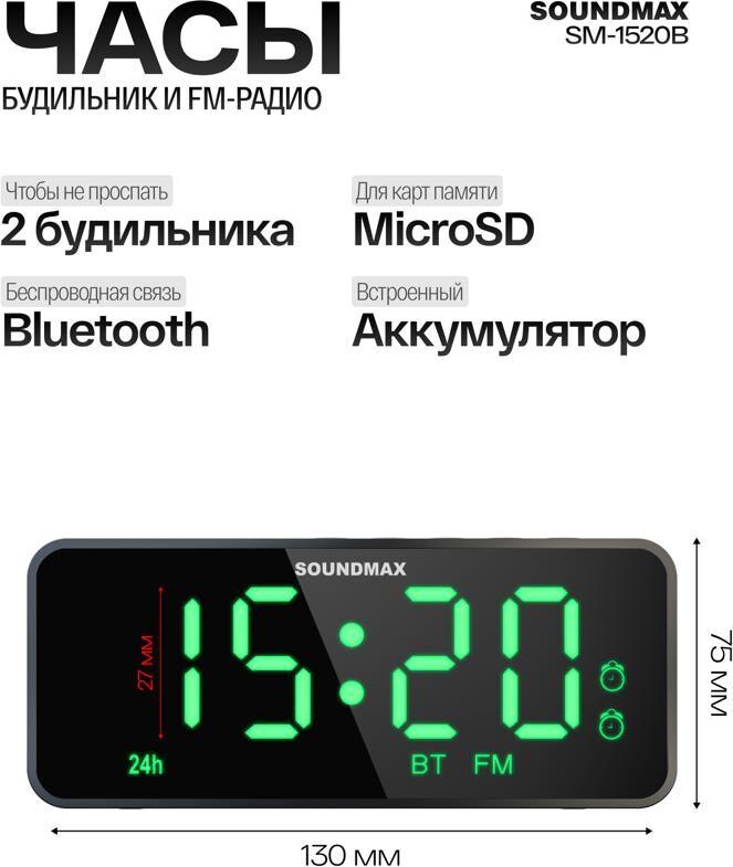 Радиочасы-будильник SOUNDMAX SM-1520B(черный с зеленым)