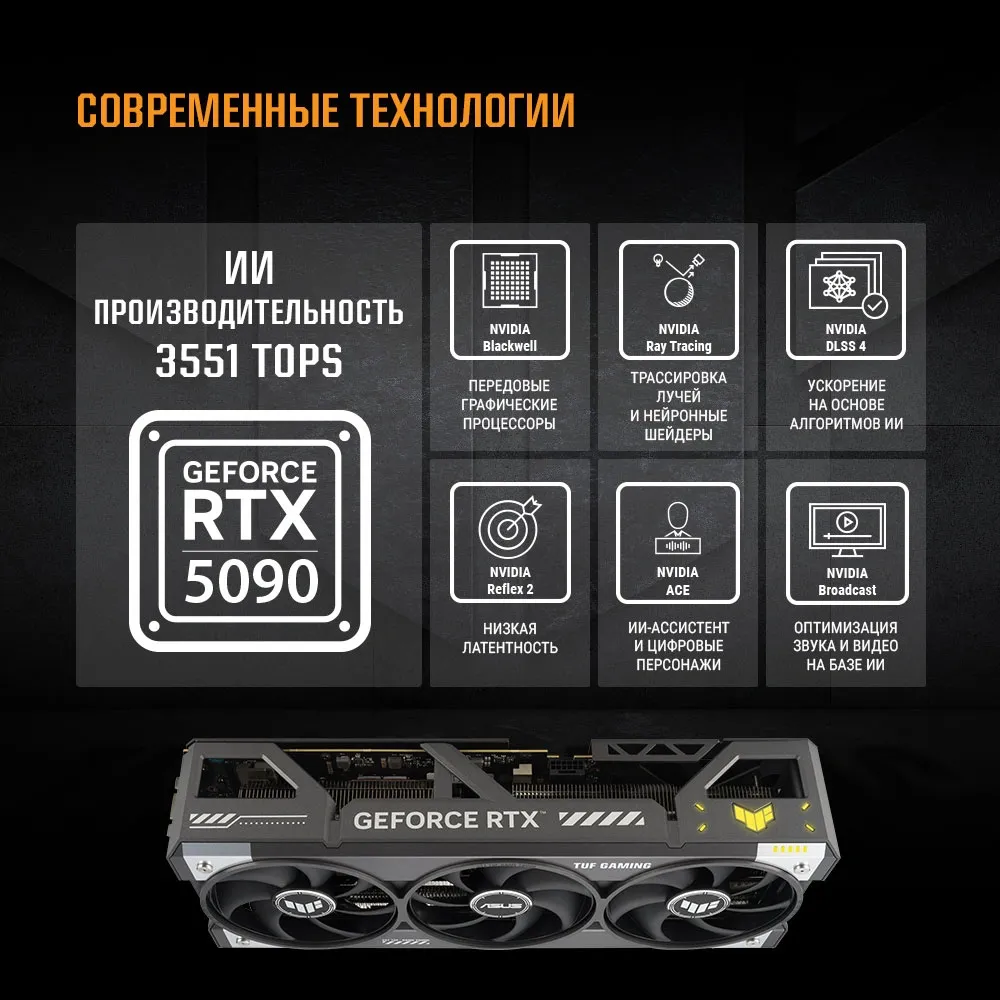 Видеокарта Asus PCI-E 5.0 TUF-RTX5090-O32G-GAMING NVIDIA GeForce RTX 5090 32Gb 512bit GDDR7 2580/28000 HDMIx2 DPx3 HDCP Ret