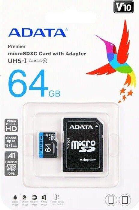 Карта памяти A-DATA 64GB MicroSDHC Class10 UHS-I A1 + адаптер (AUSDX64GUICL10A1-RA1)
