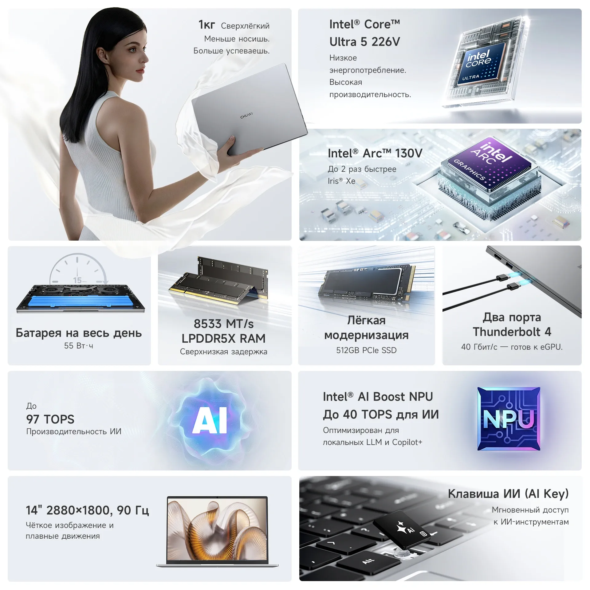 Ноутбук Chuwi Corebook Air Core Ultra 5 226V 16Gb SSD512Gb Intel Arc 130V 14" IPS 2.8K (2880x1800) Windows 11 Pro blue WiFi BT Cam 4737mAh
