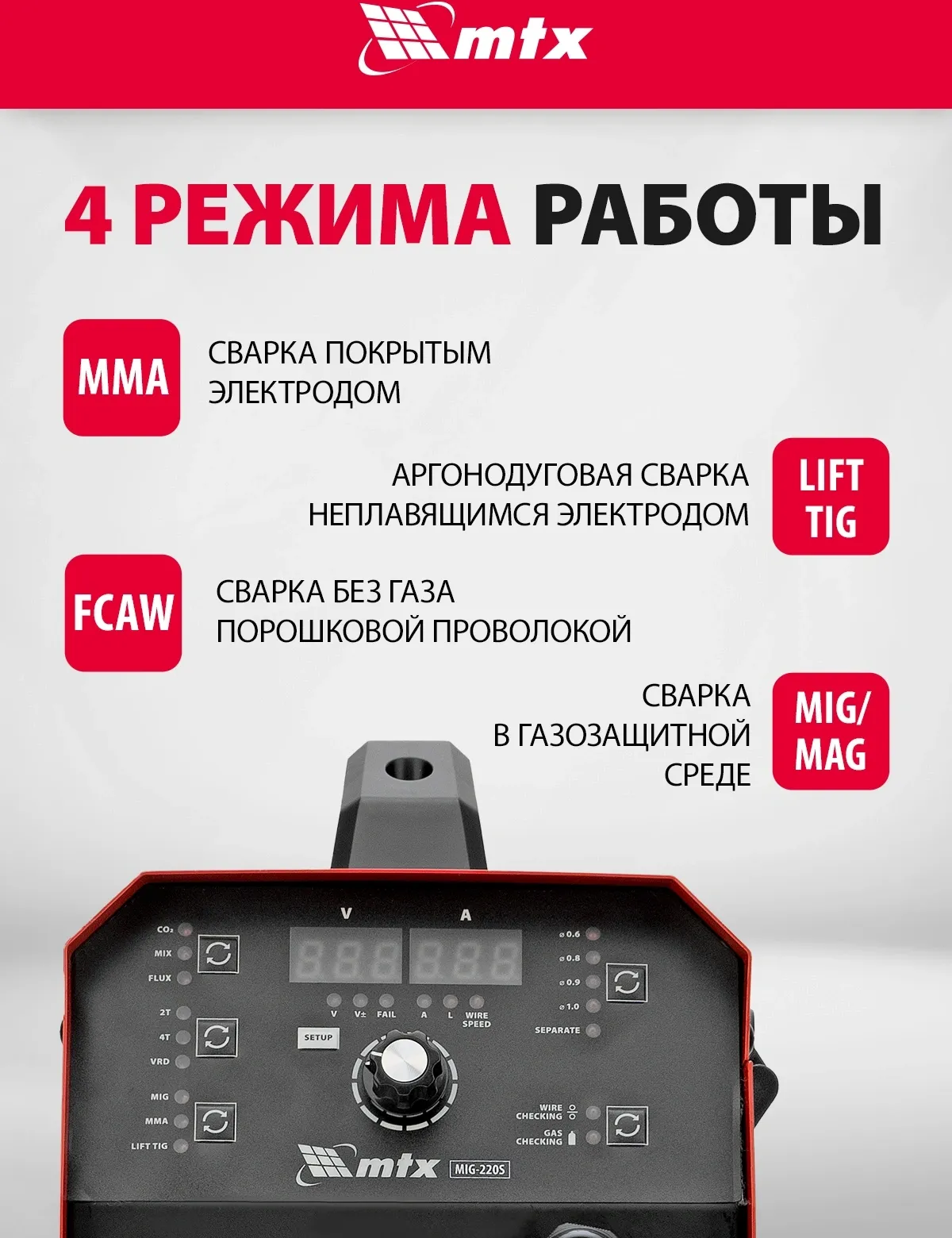 Сварочный полуавтомат MTX MIG-220S инвертор MMA DC/TIG DC/MIG-MA 6.8кВт